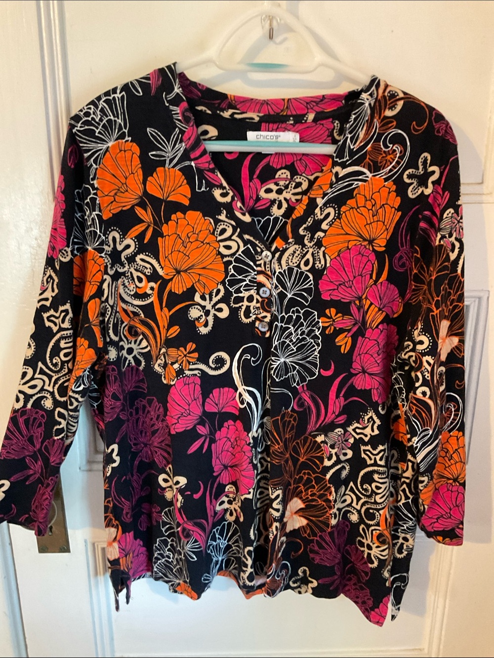 Chico's Navy Floral V-Neck Tunic with Orange & Pink Blooms